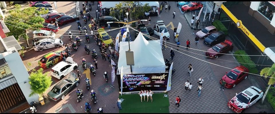 Aerial drone view of the Auto-City Carnival street event