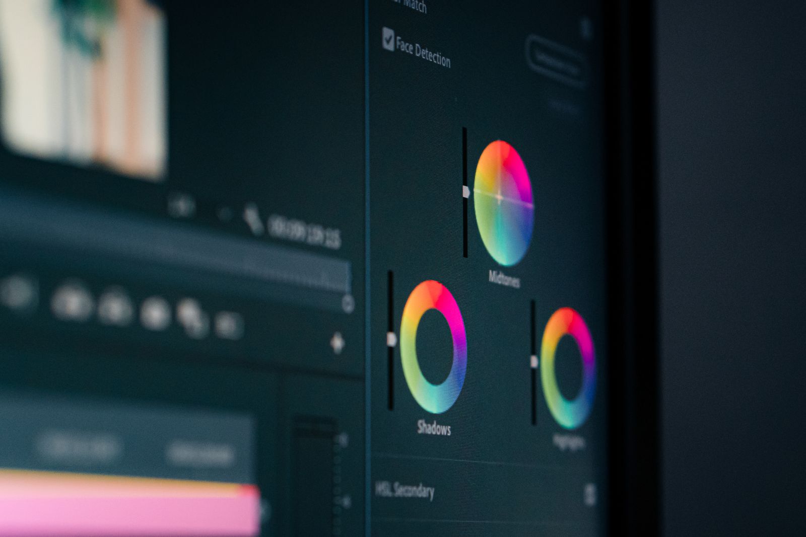 Colour grading wheels on an editing monitor